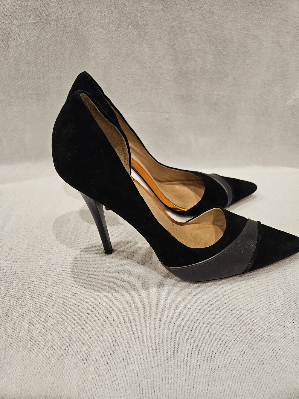 L.A.M.B. Black Calf Leather Suede Pointed Toe Stiletto Heels Pumps Gwen Stafani - Picture 5 of 7